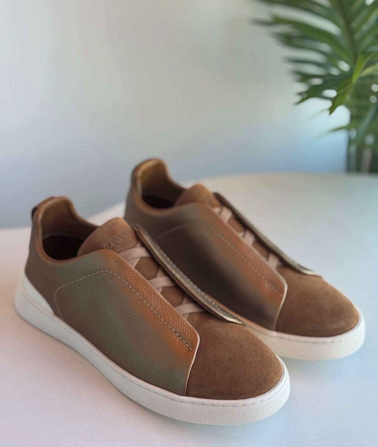 Zegna Brown Leather and Suede Triple Stitch Sneakers