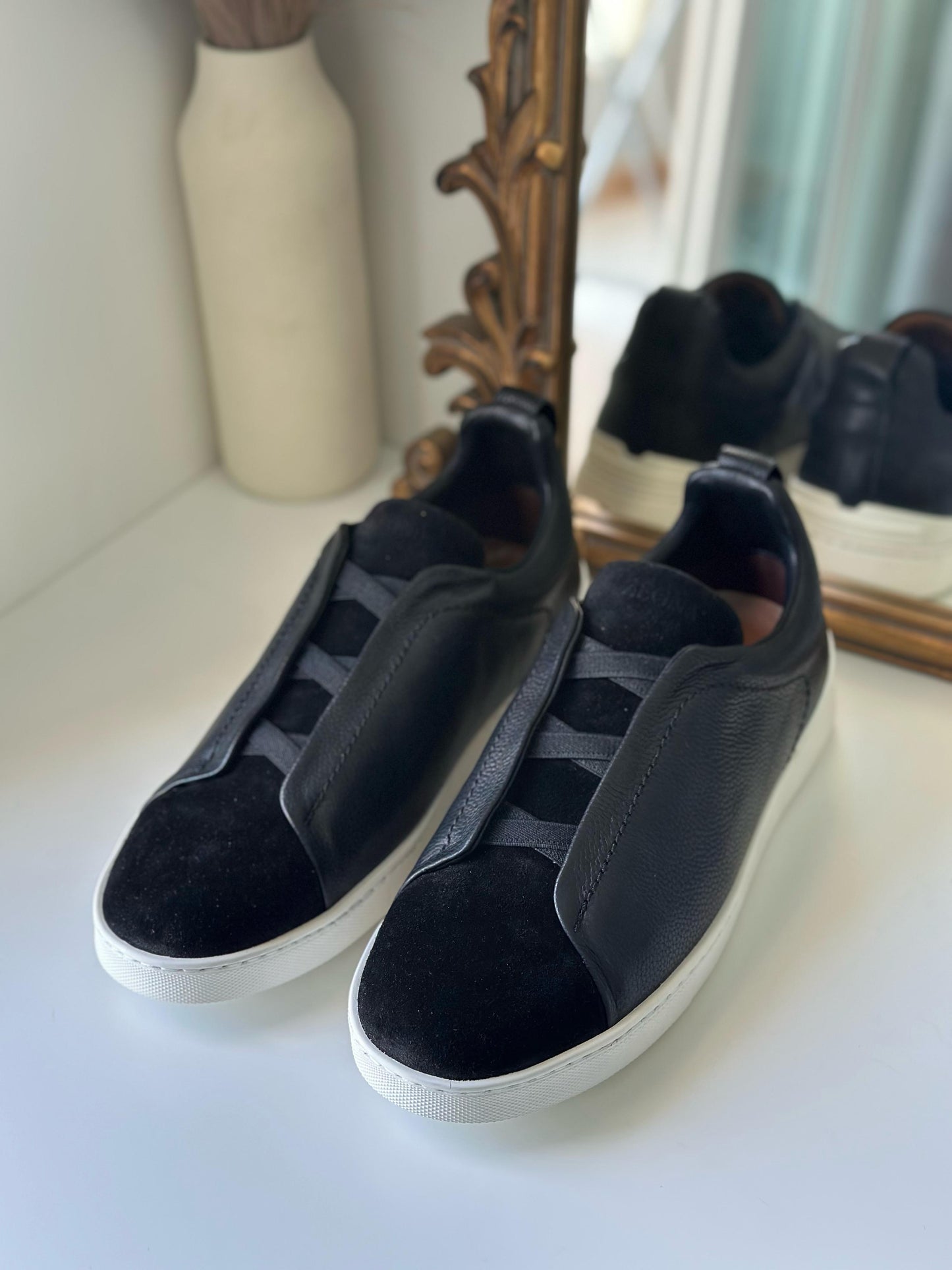 Premium luxury Zegna triple stitch black leather & suede