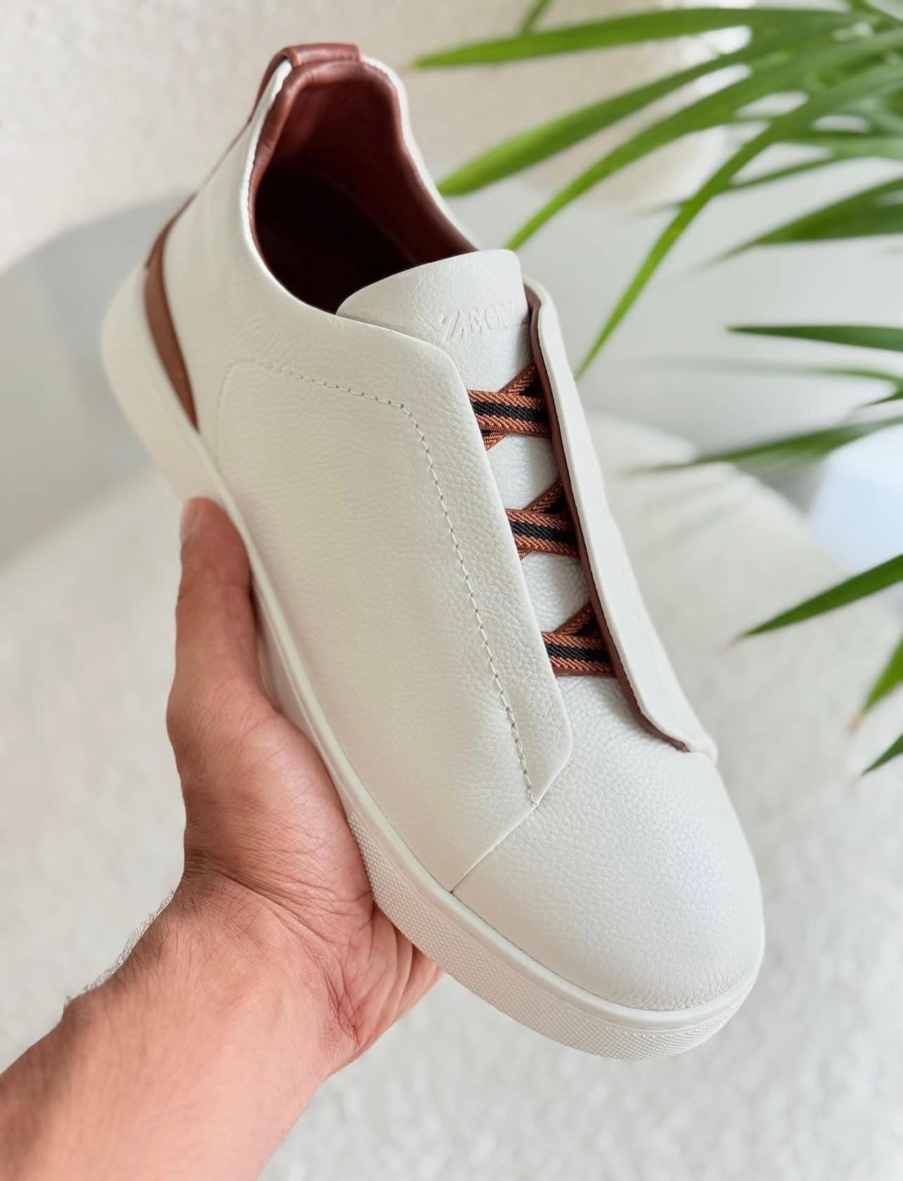 Zegna Deerskin Triple Stitch Off White/Brown Men's