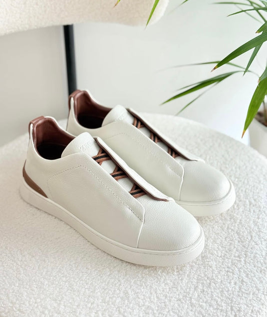 Zegna Deerskin Triple Stitch Off White/Brown Men's