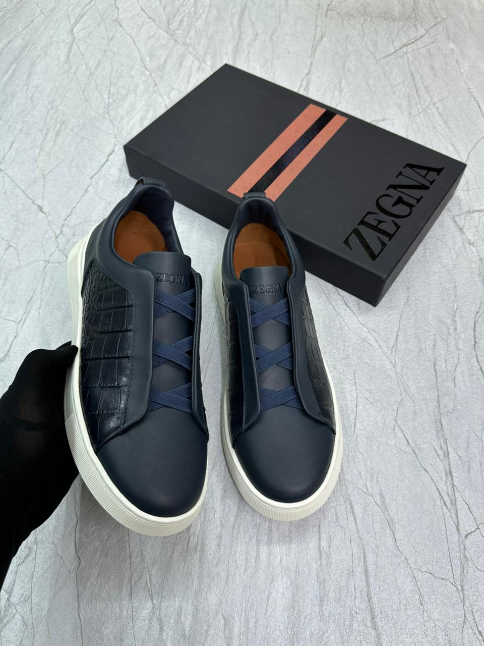 Premium luxury Zegna triple stitch blue crocodile leather