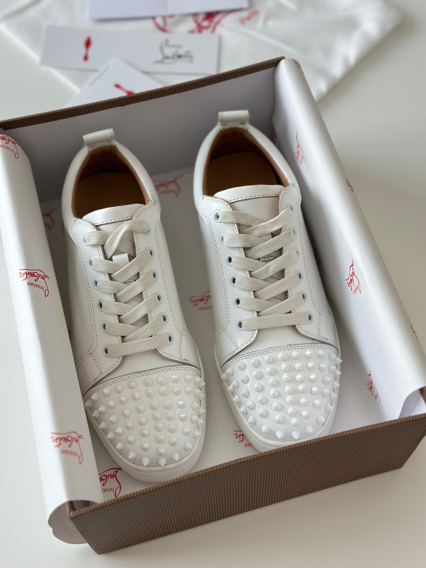 Christian Louboutin Louis Junior Spikes Sneakers – White Calf Leather with Toe Spikes