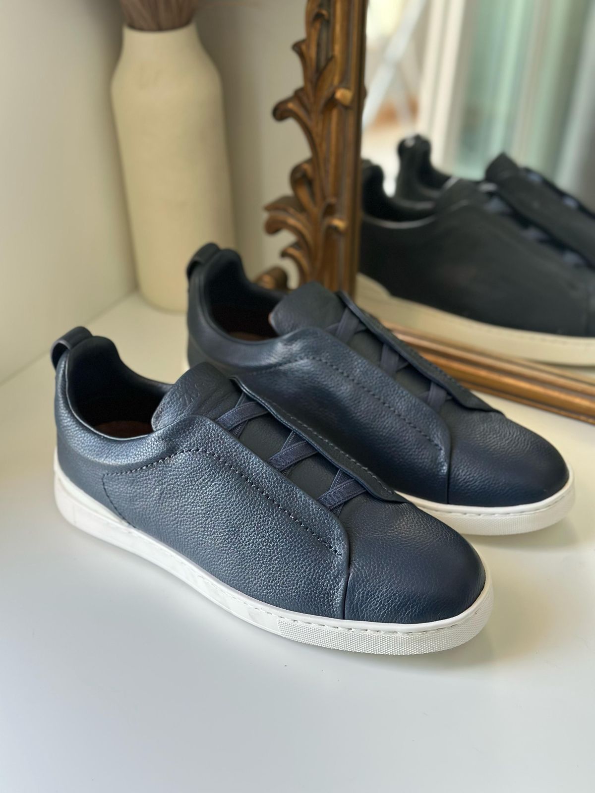 Zegna Navy Blue Deerskin Triple Stitch™ Sneakers – Luxury Slip-On
