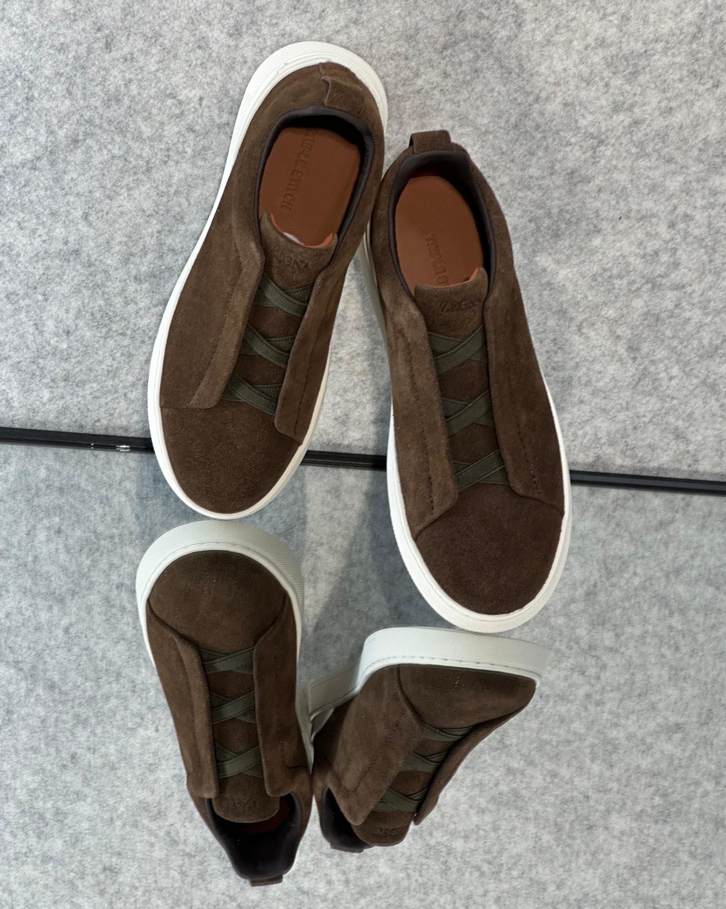 Premium luxury Zegna triple stitch dark brown suede
