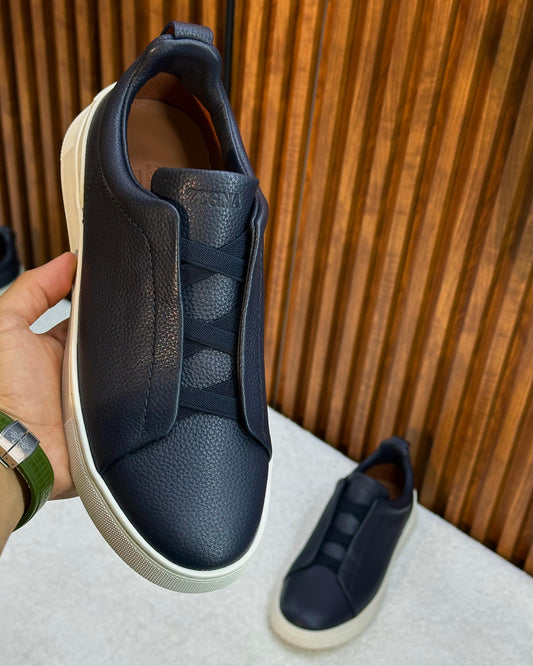 Zegna Triple Stitch Sneakers navy blue soft leather