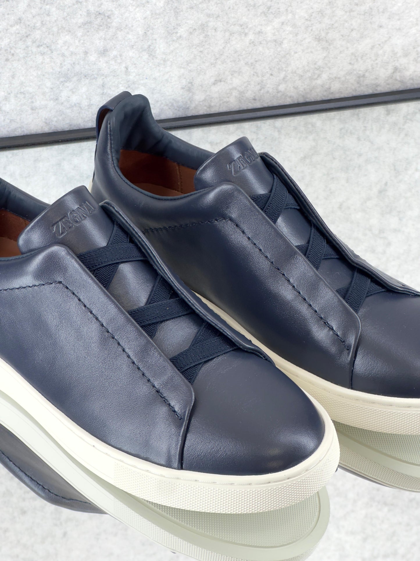Premium luxury Zegna triple stitch navy blue/white sole