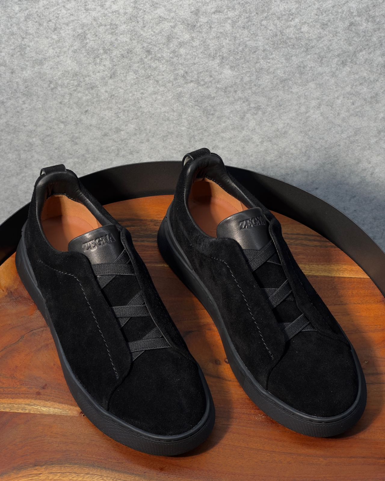 Premium luxury Zegna triple stitch black suede