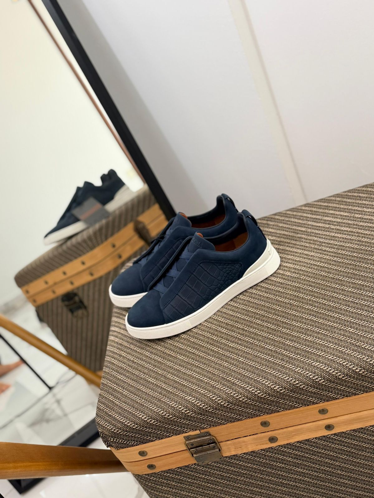 Premium luxury Zegna triple stitch Dark Blue white mat suede