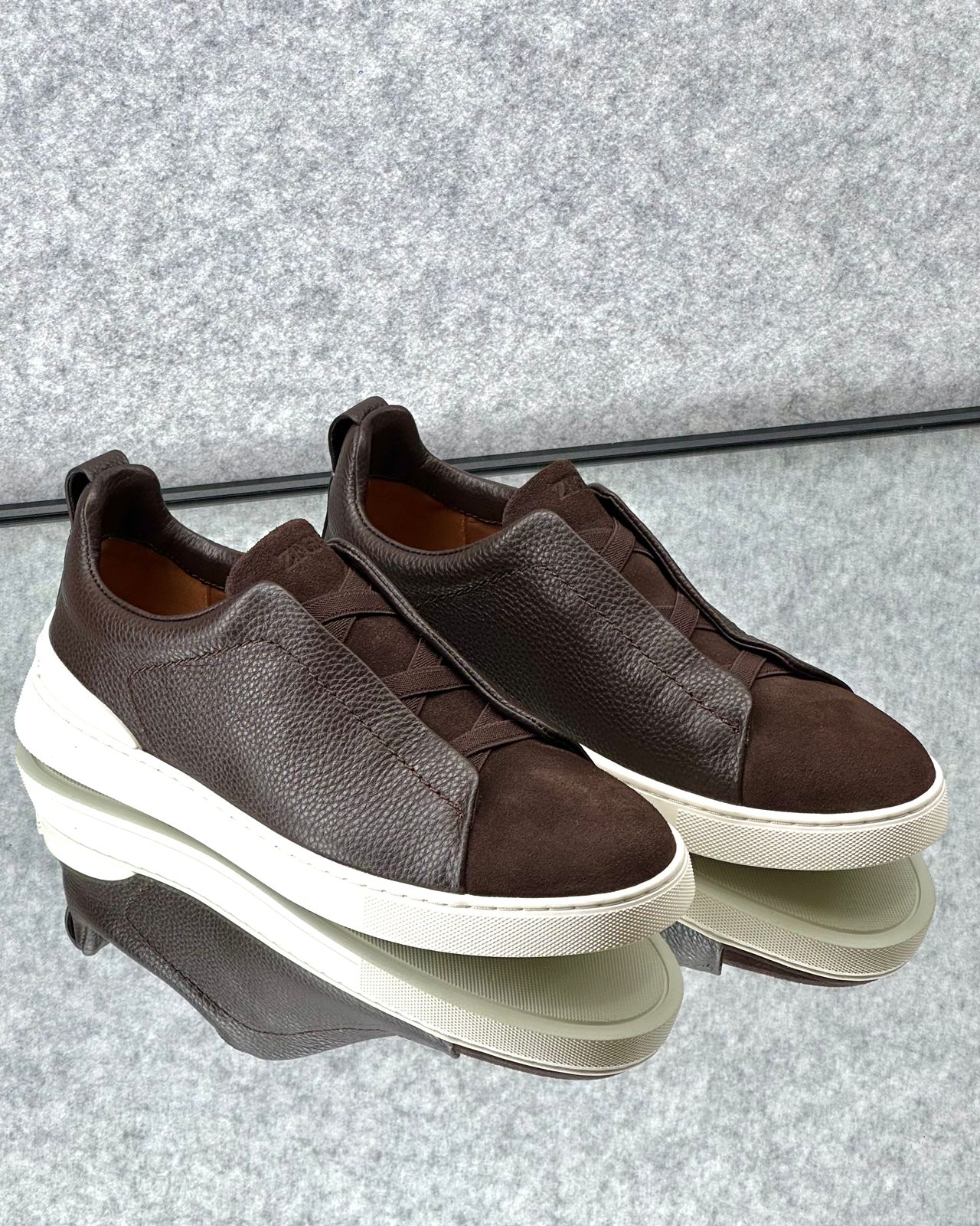 Premium Zegna Triple Stitch Leather And Suede Brown