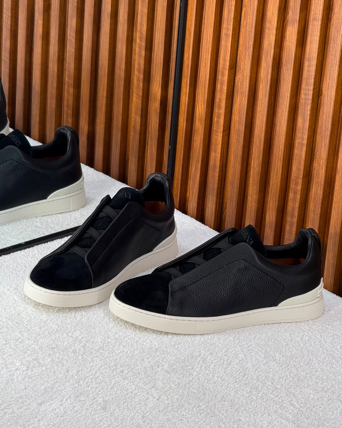 Premium luxury Zegna triple stitch black leather & suede