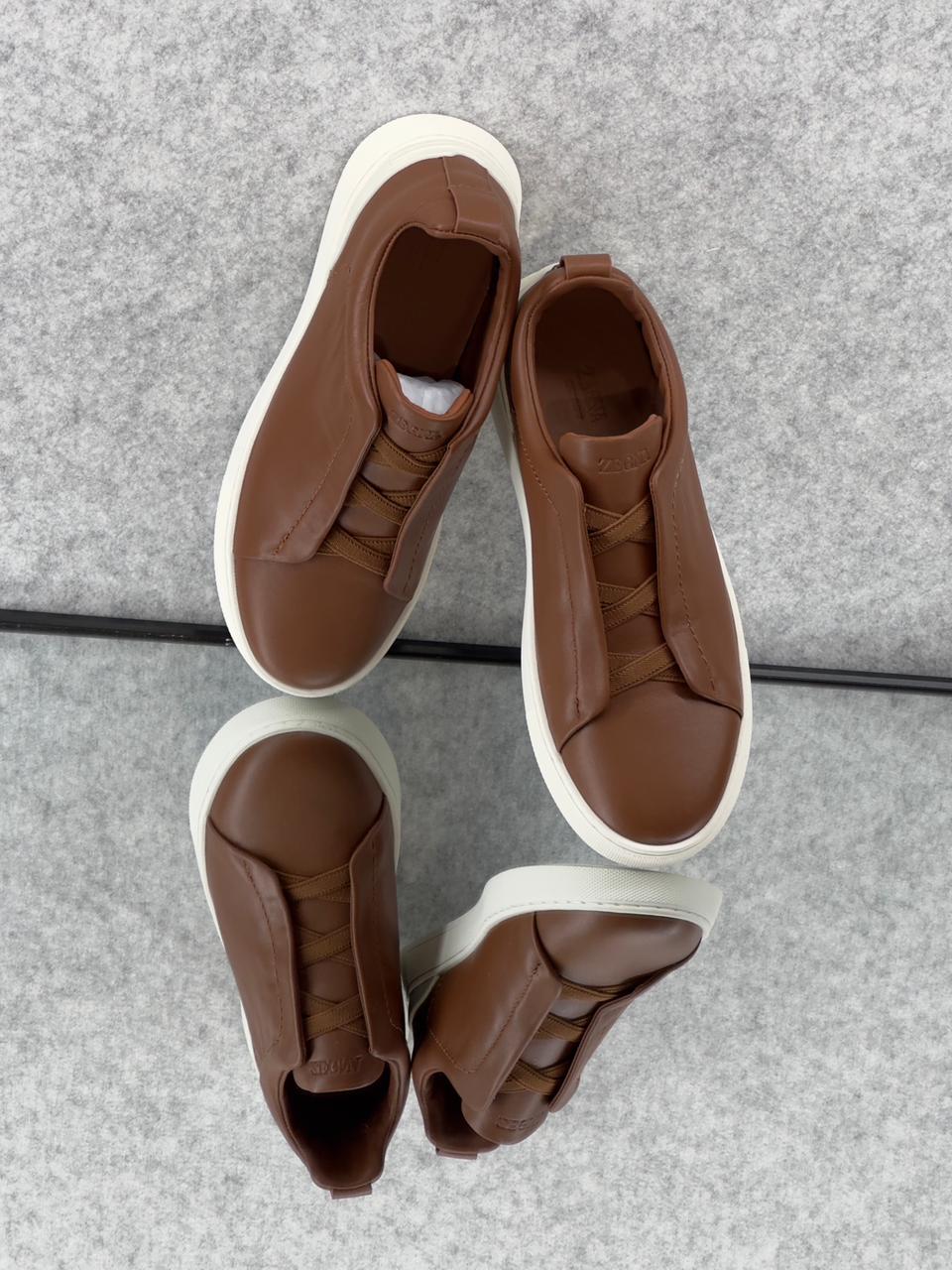 Premium luxury Zegna triple stitch brown/white sole