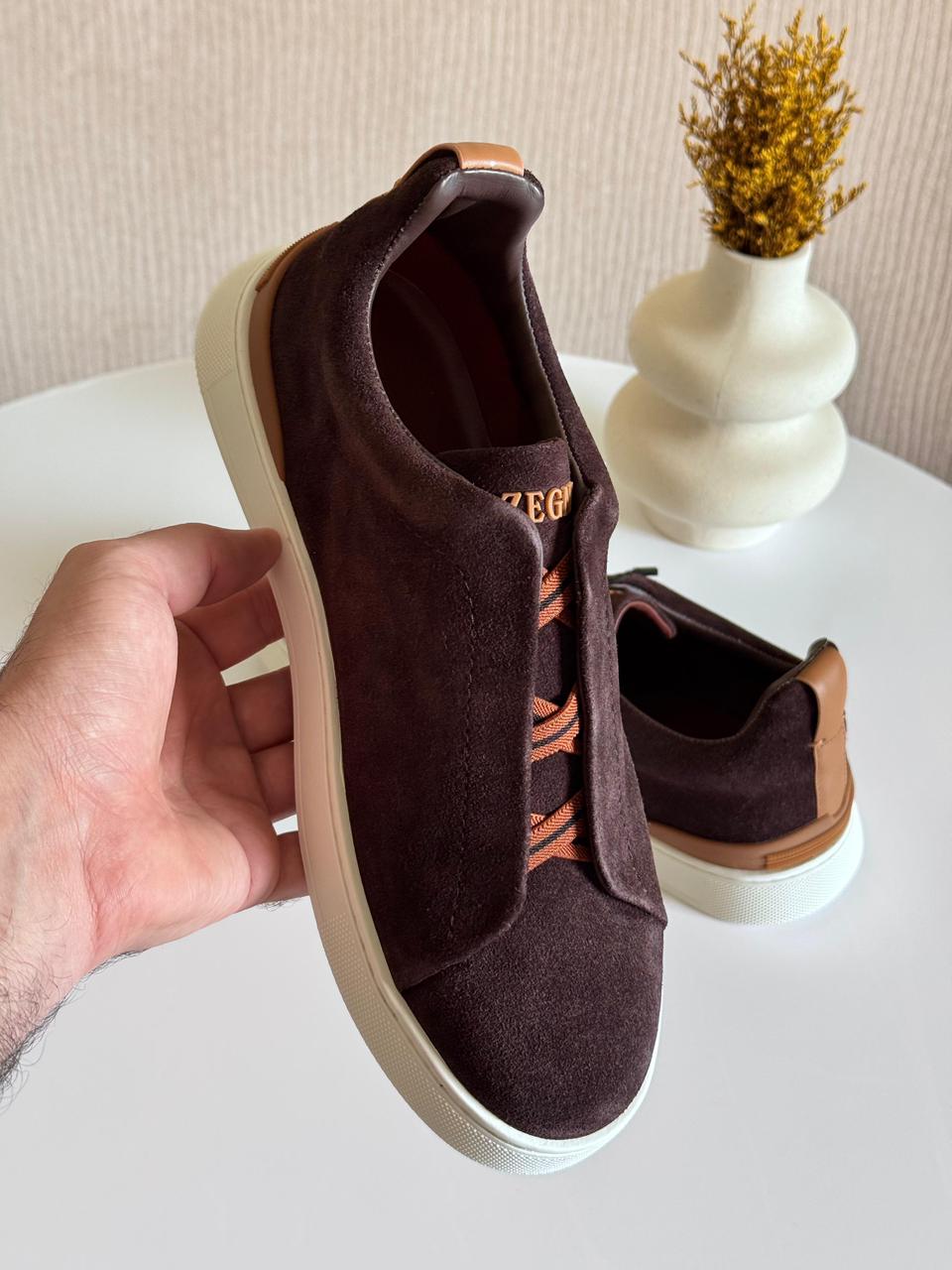 Zegna Triple Stitch Suede Sneakers In Dark Purple