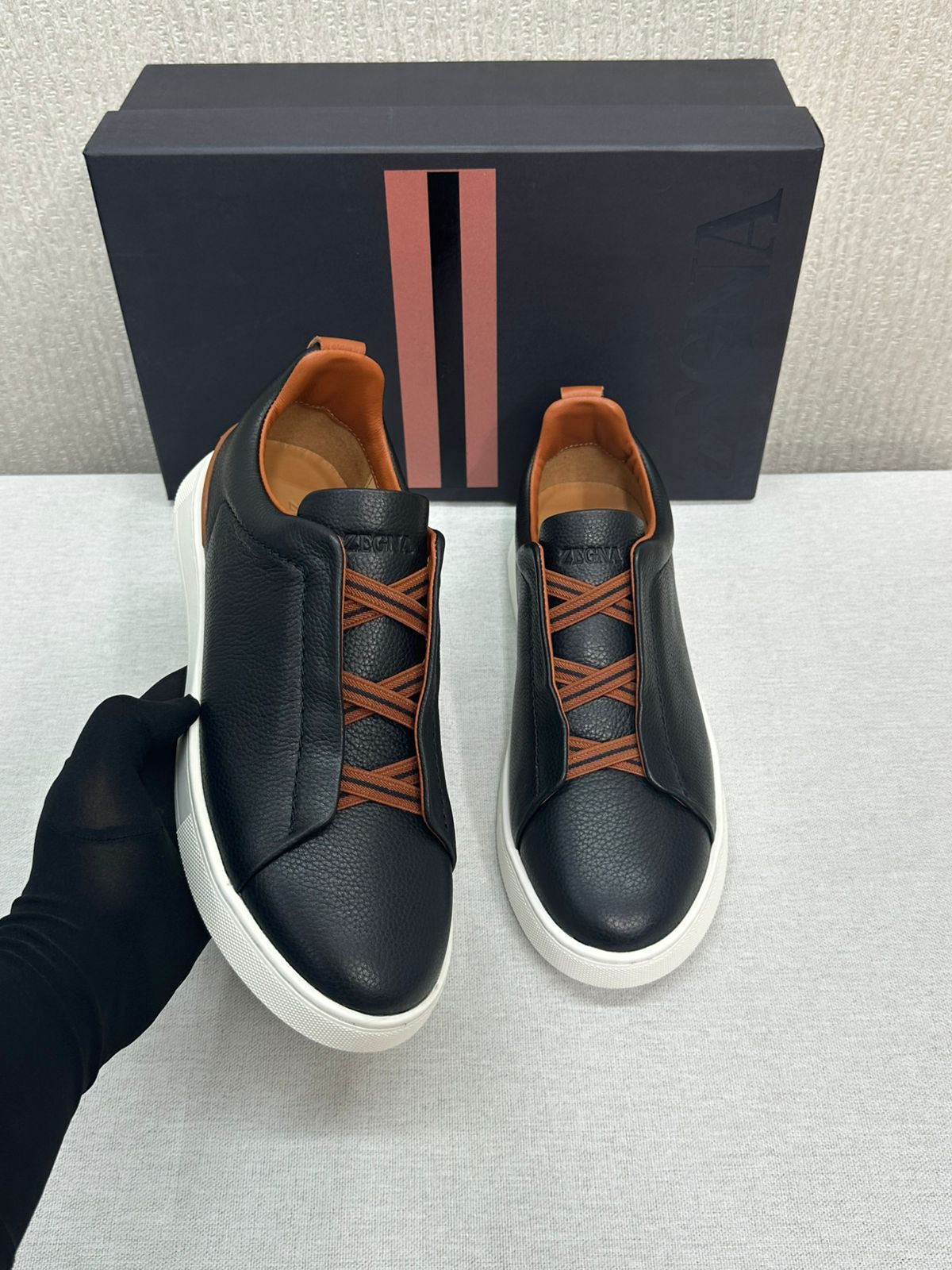 Zegna Triple Stitch Leather Slip-On Sneakers – Black Calfskin