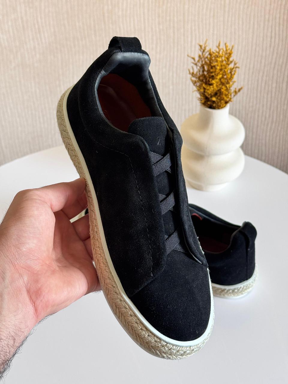 Zegna Suede Triple Stitch Espadrilles "Black