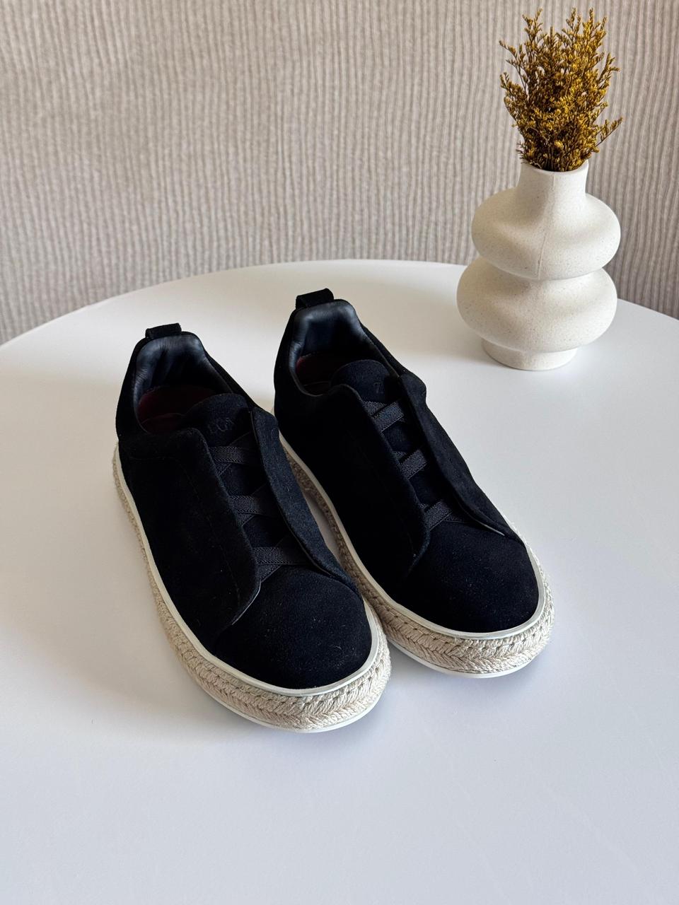 Zegna Suede Triple Stitch Espadrilles "Black