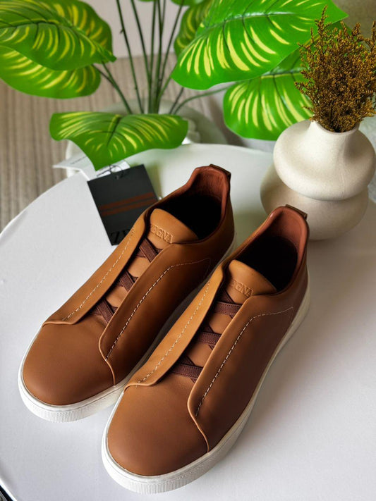 Zegna Triple Stitch™ SecondSkin™ Sneakers – Brown Calf Leather Slip-On )