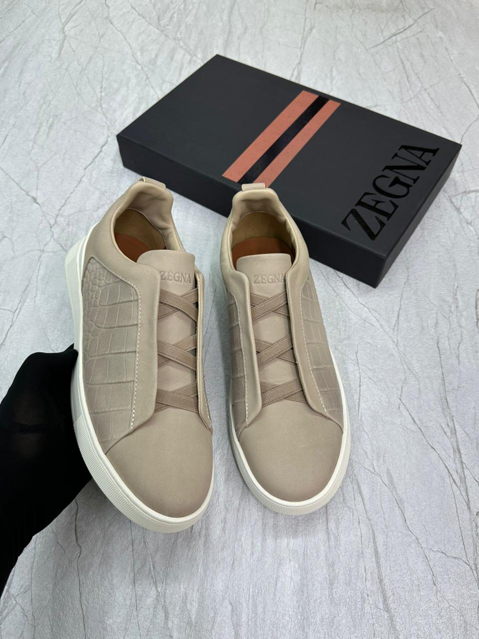 Zegna Crocodile Leather Triple Stitch™ Sneakers – Natural Luxurious Low-Tops