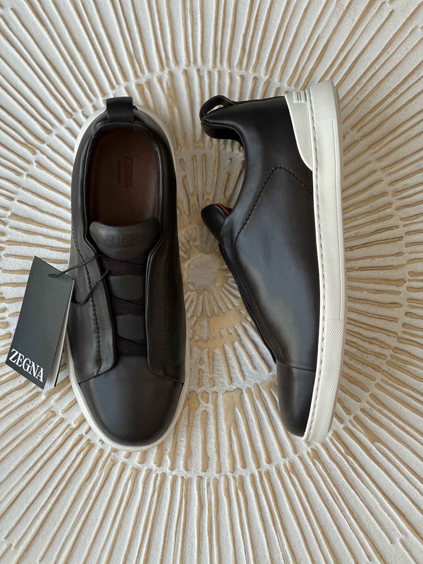 Zegna Triple Stitch Low-Top Sneakers – Black Calf Leather & White Rubber Sole