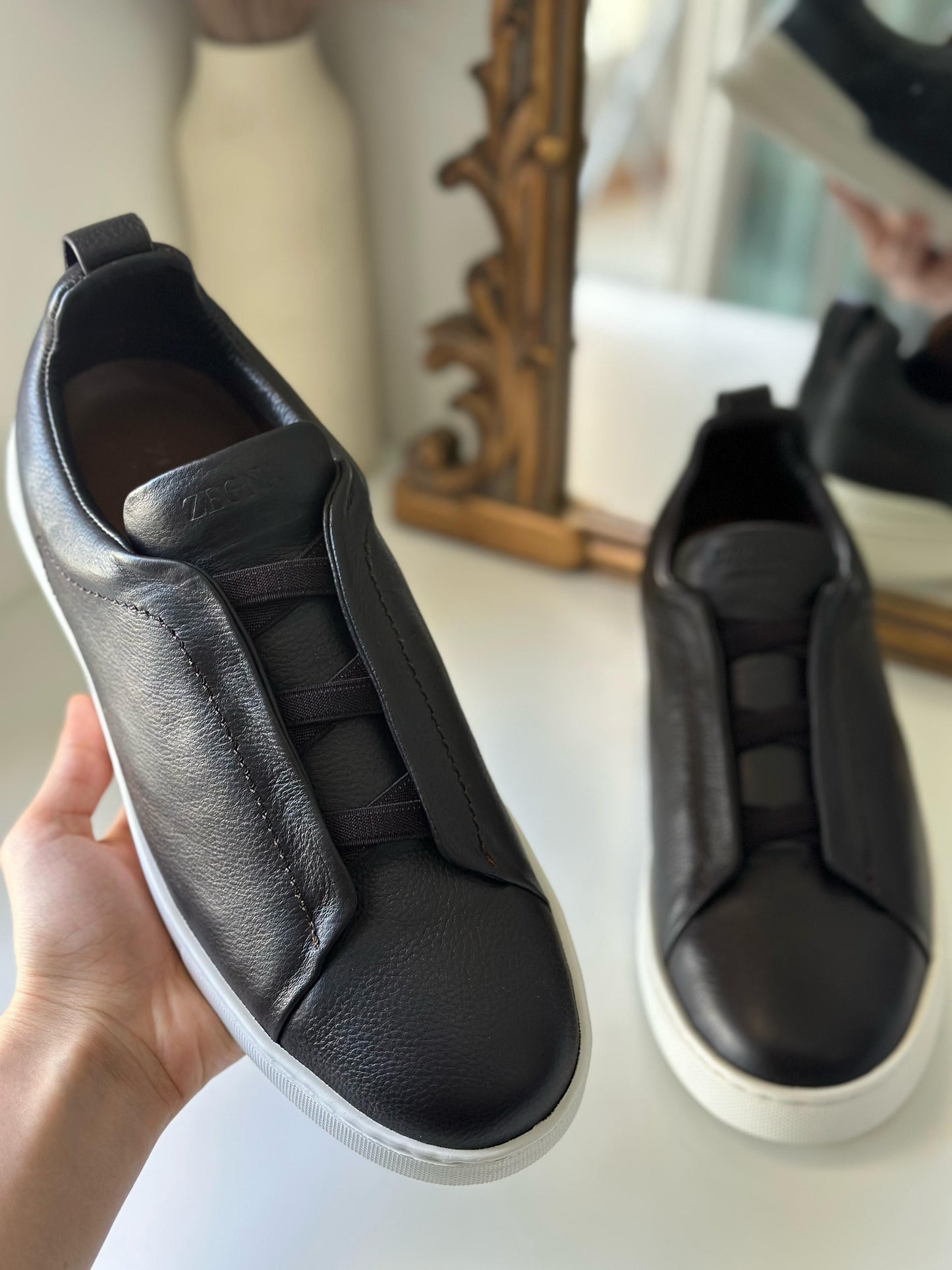 Zegna Triple Stitch Low-Top Sneakers – Black Calf Leather & White Rubber Sole