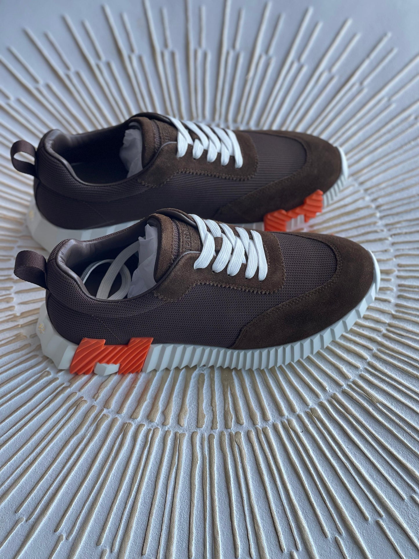 Hermès Bouncing Sneaker – Brown Mesh & Suede with Orange “H en biais” (Men’s)