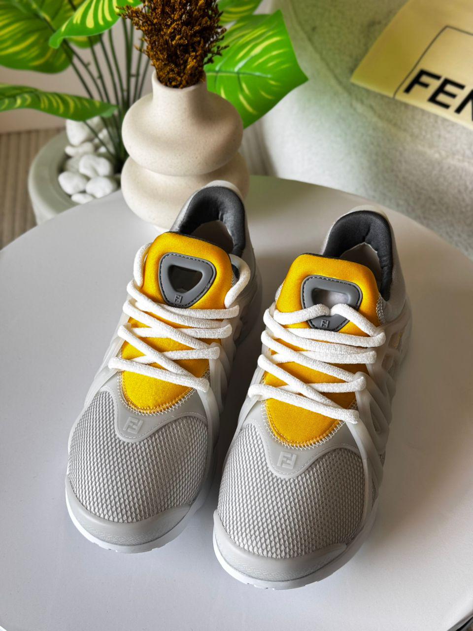 Fendi Men’s Sports Sneakers – Gray with Yellow Accents (Modern Luxury Design)