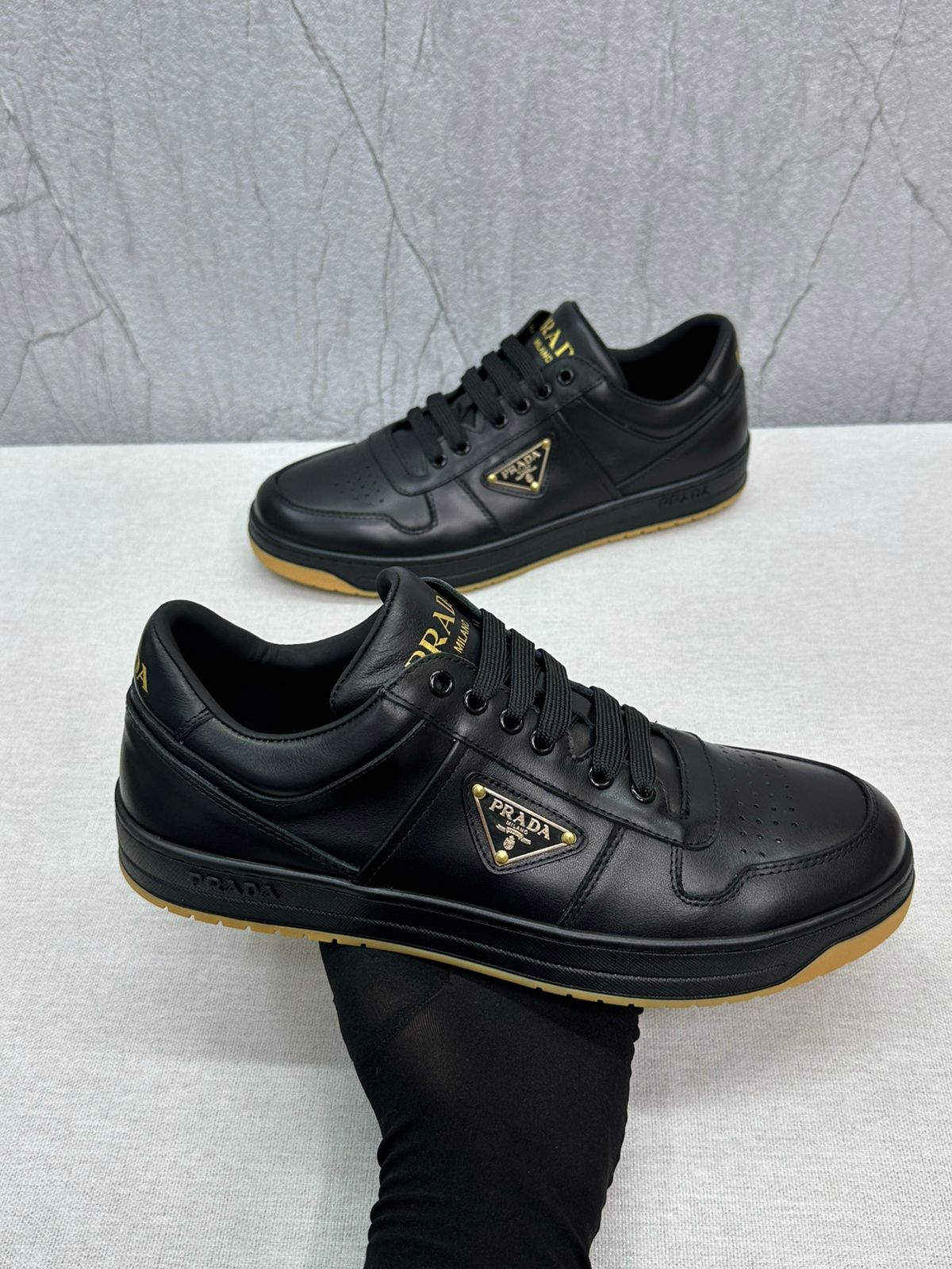 Prada Downtown Leather Sneakers – Black Calf Leather