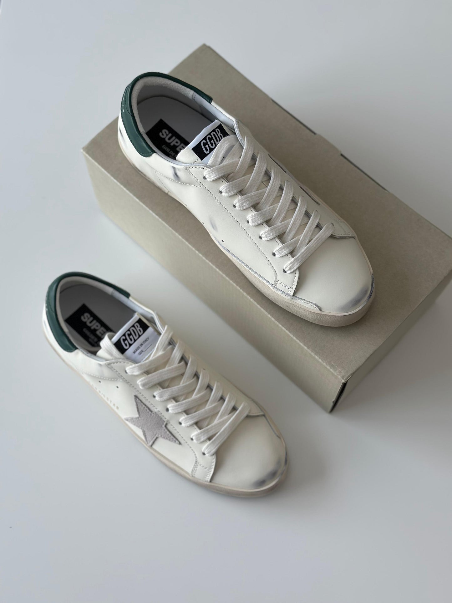 Golden Goose Super-Star Low-Top Sneakers – White Leather & Green Heel Tab (Men’s)