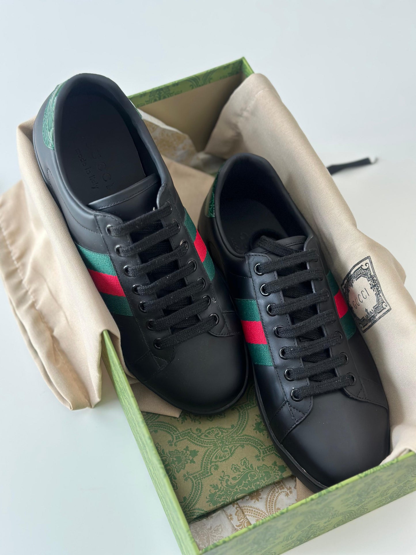 Gucci Black Leather Ace Web Low-Top Sneakers – Size 40 (The Luxury Closet)