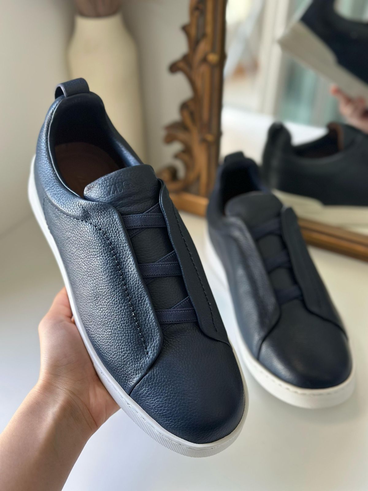 Zegna Navy Blue Deerskin Triple Stitch™ Sneakers – Luxury Slip-On