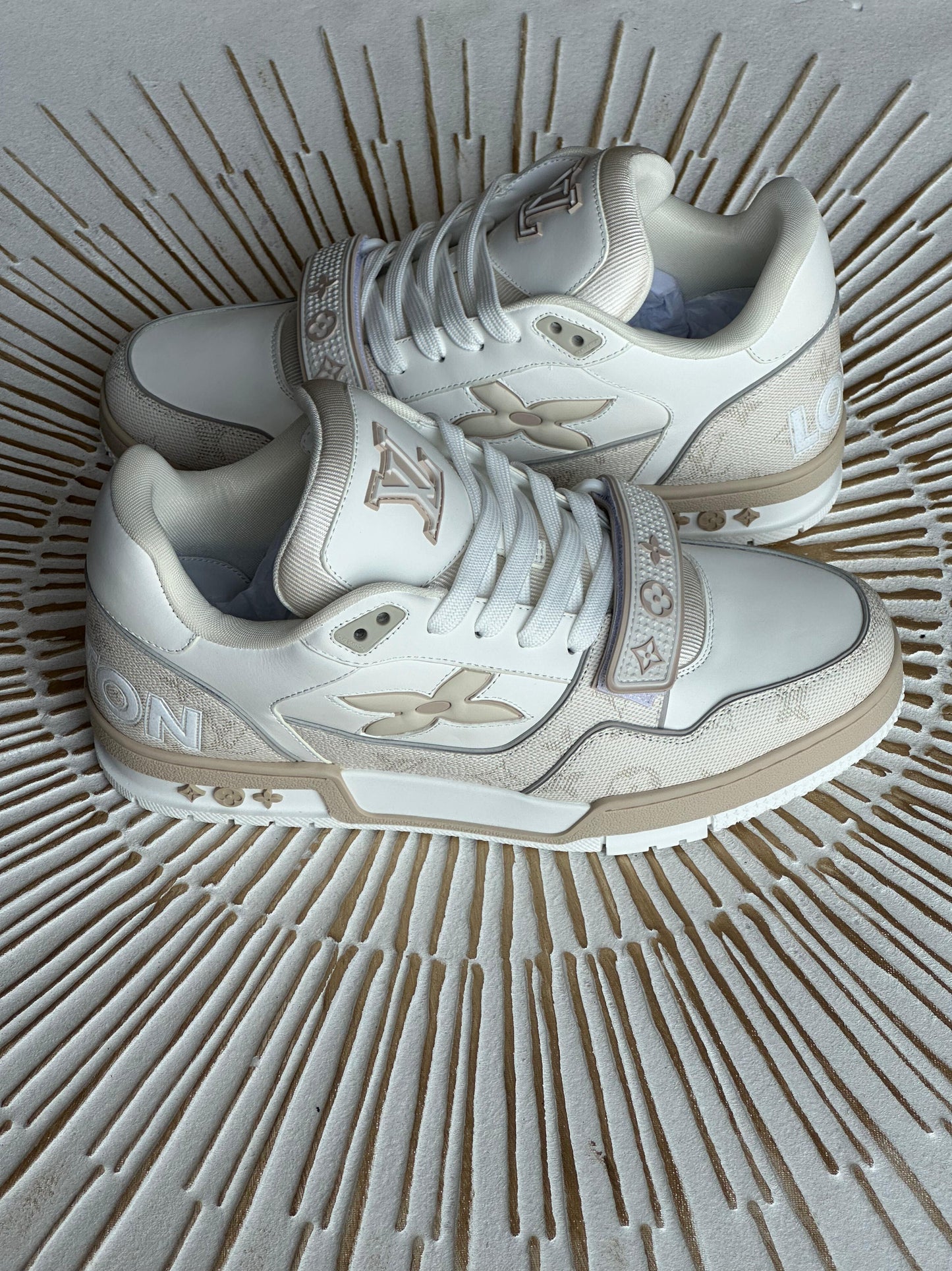 Louis Vuitton LV Trainer Sneaker – Beige Calf Leather & Denim (Style 1AHTUT, Men’s)