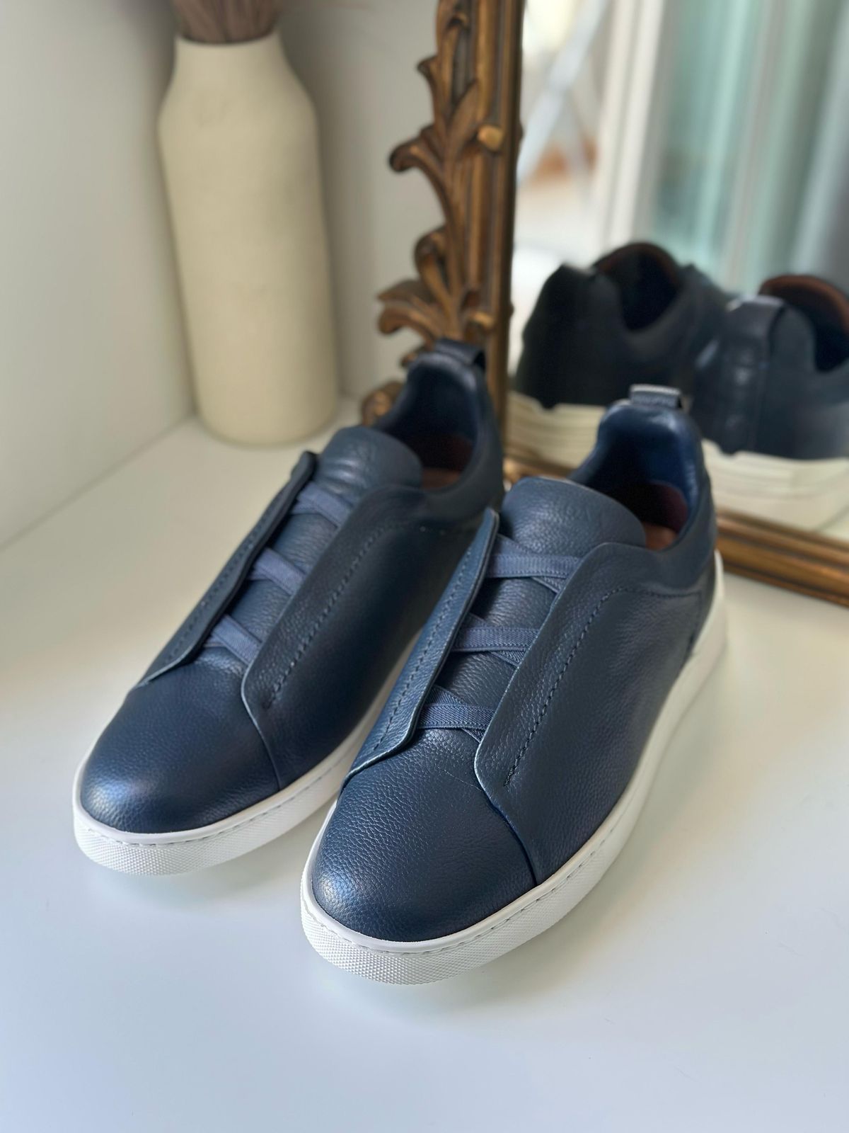 Zegna Navy Blue Deerskin Triple Stitch™ Sneakers – Luxury Slip-On