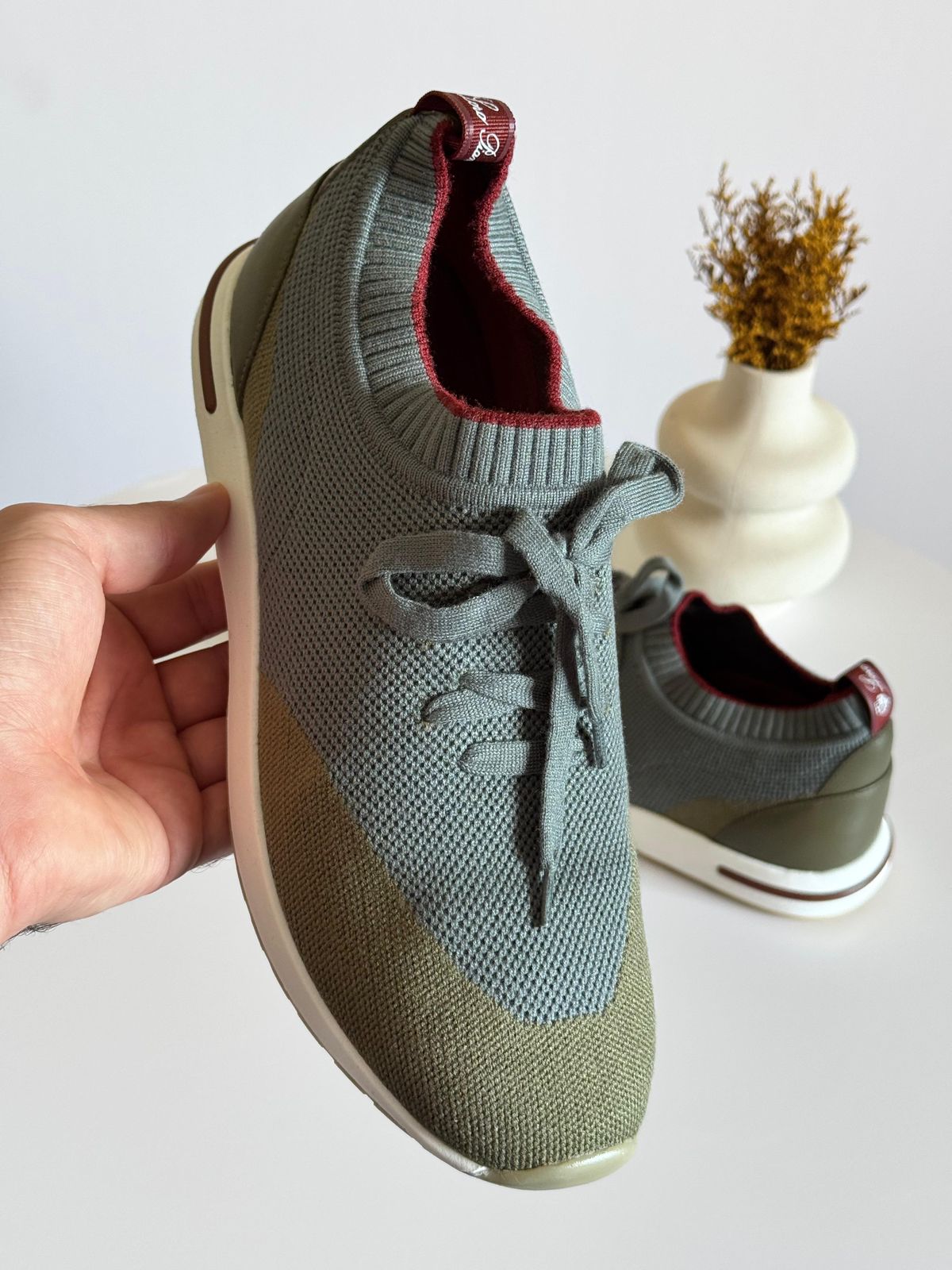 Loro Piana Olive Green Knit Fabric and Leather Low Top Sneakers