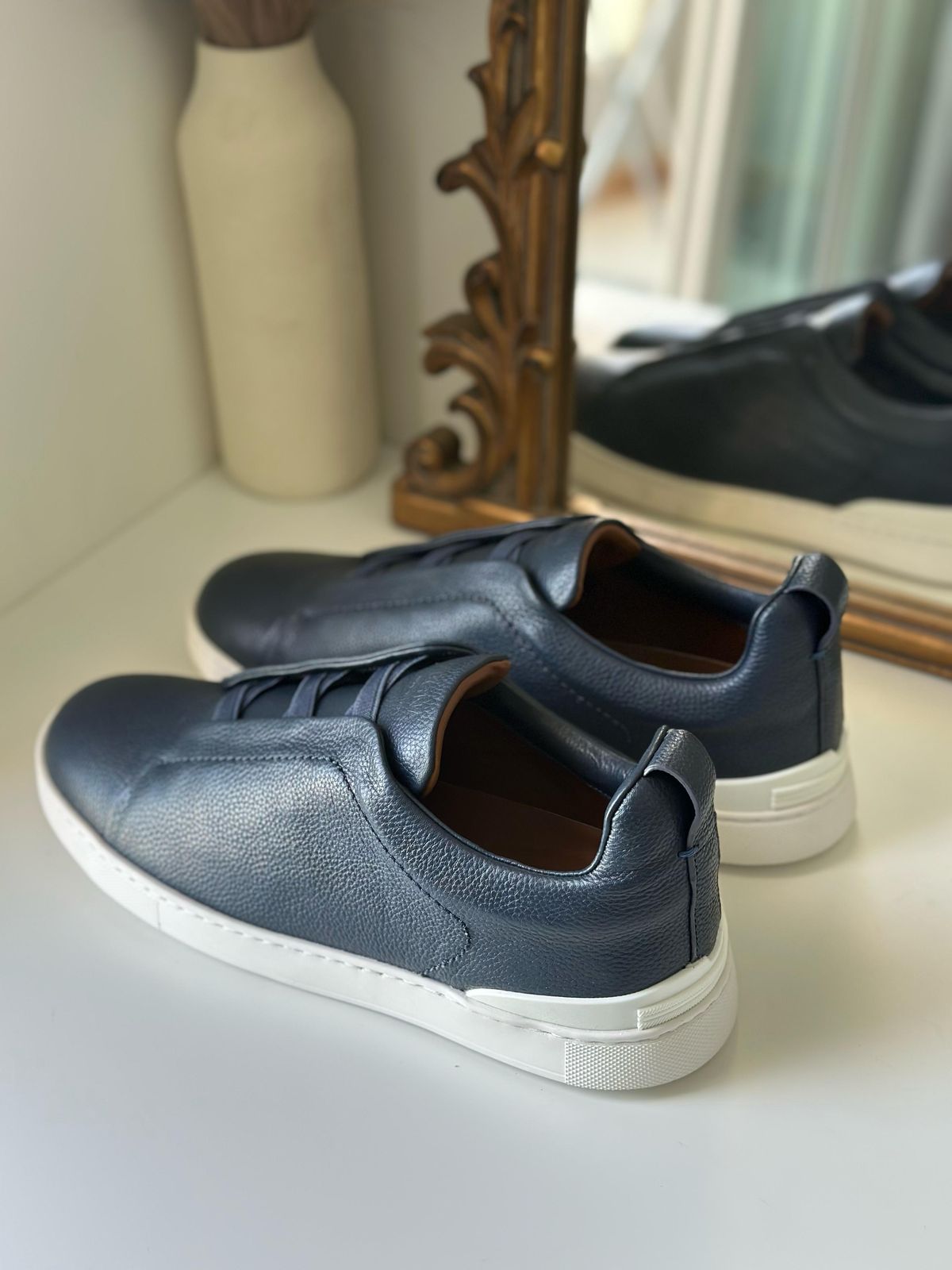 Zegna Navy Blue Deerskin Triple Stitch™ Sneakers – Luxury Slip-On