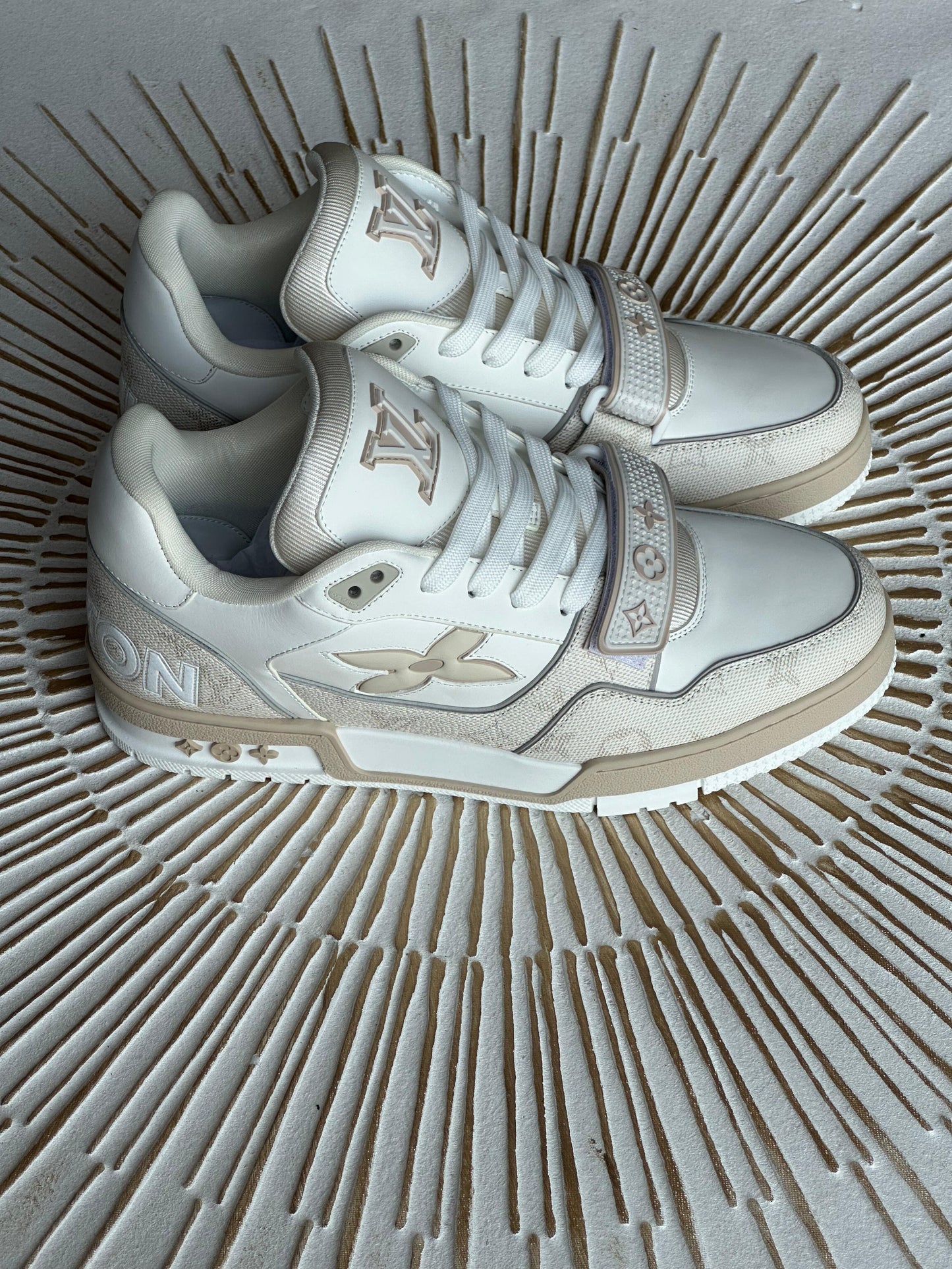 Louis Vuitton LV Trainer Sneaker – Beige Calf Leather & Denim (Style 1AHTUT, Men’s)