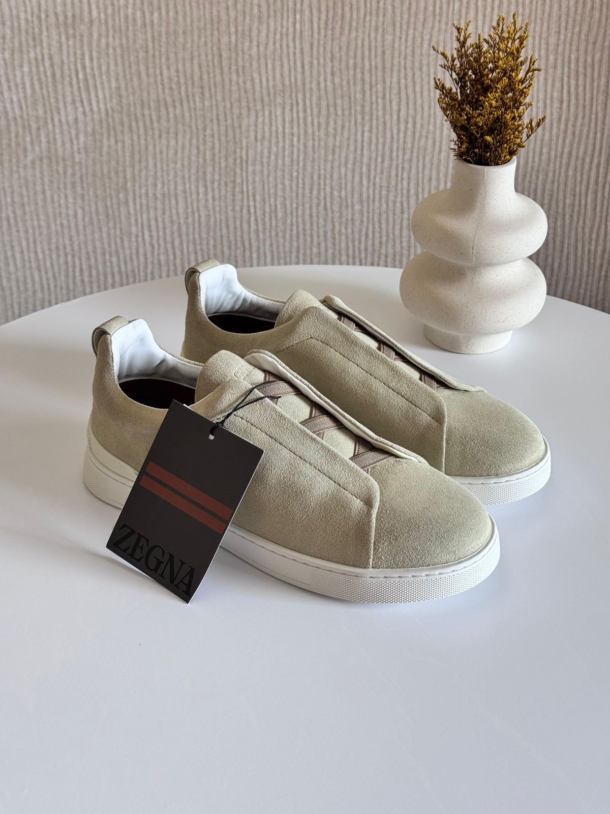 Zegna Light Beige Cotton Linen & Leather Triple Stitch™ Slip-On Sneakers – SS26