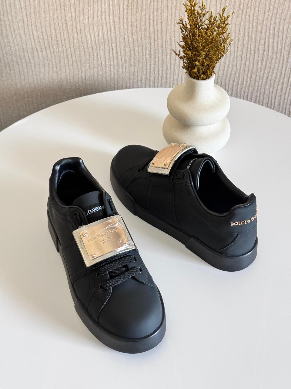 Dolce & Gabbana Portofino Calfskin Sneakers – Black with Branded Heel Tag