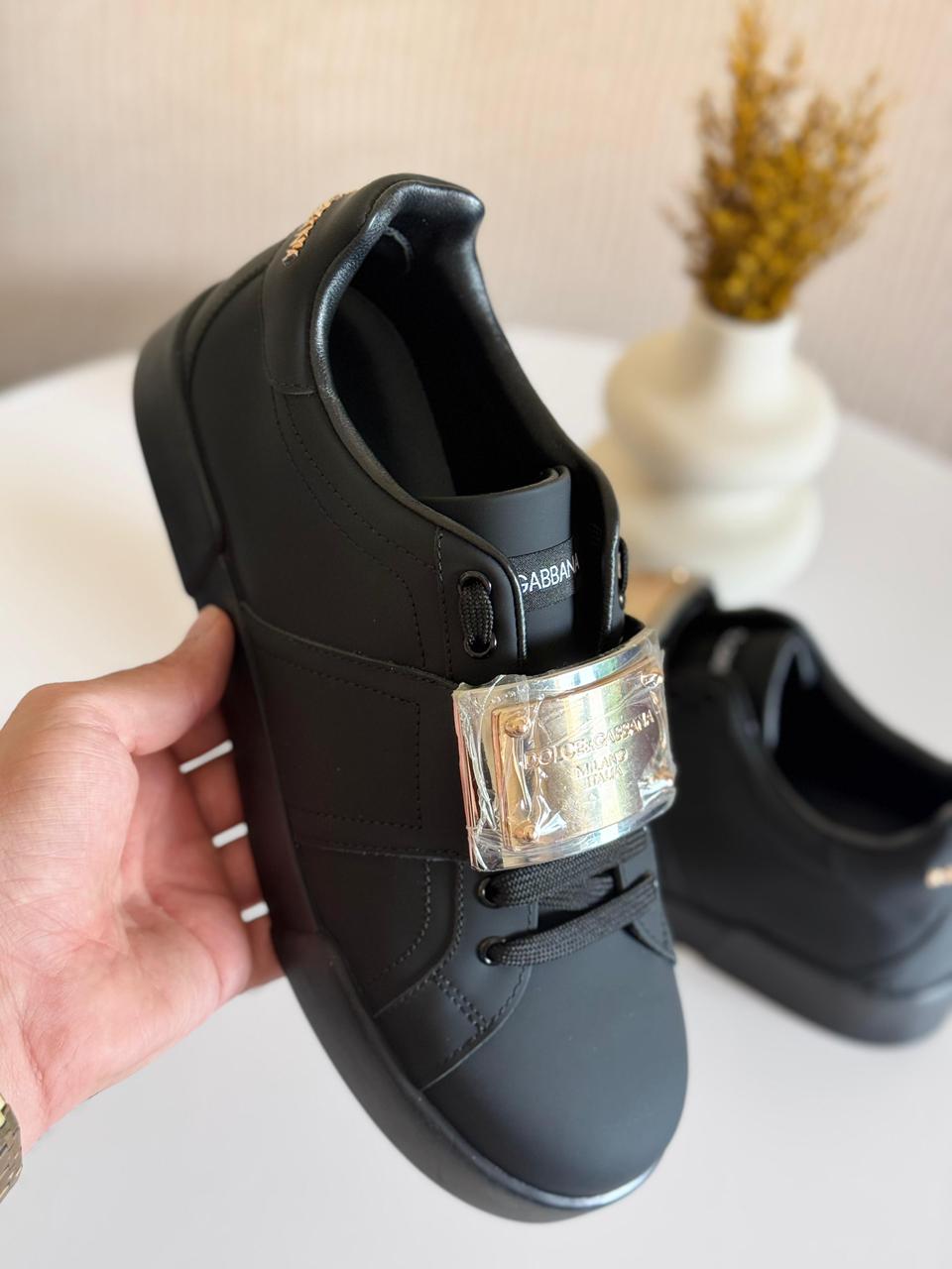 Dolce & Gabbana Portofino Calfskin Sneakers – Black with Branded Heel Tag