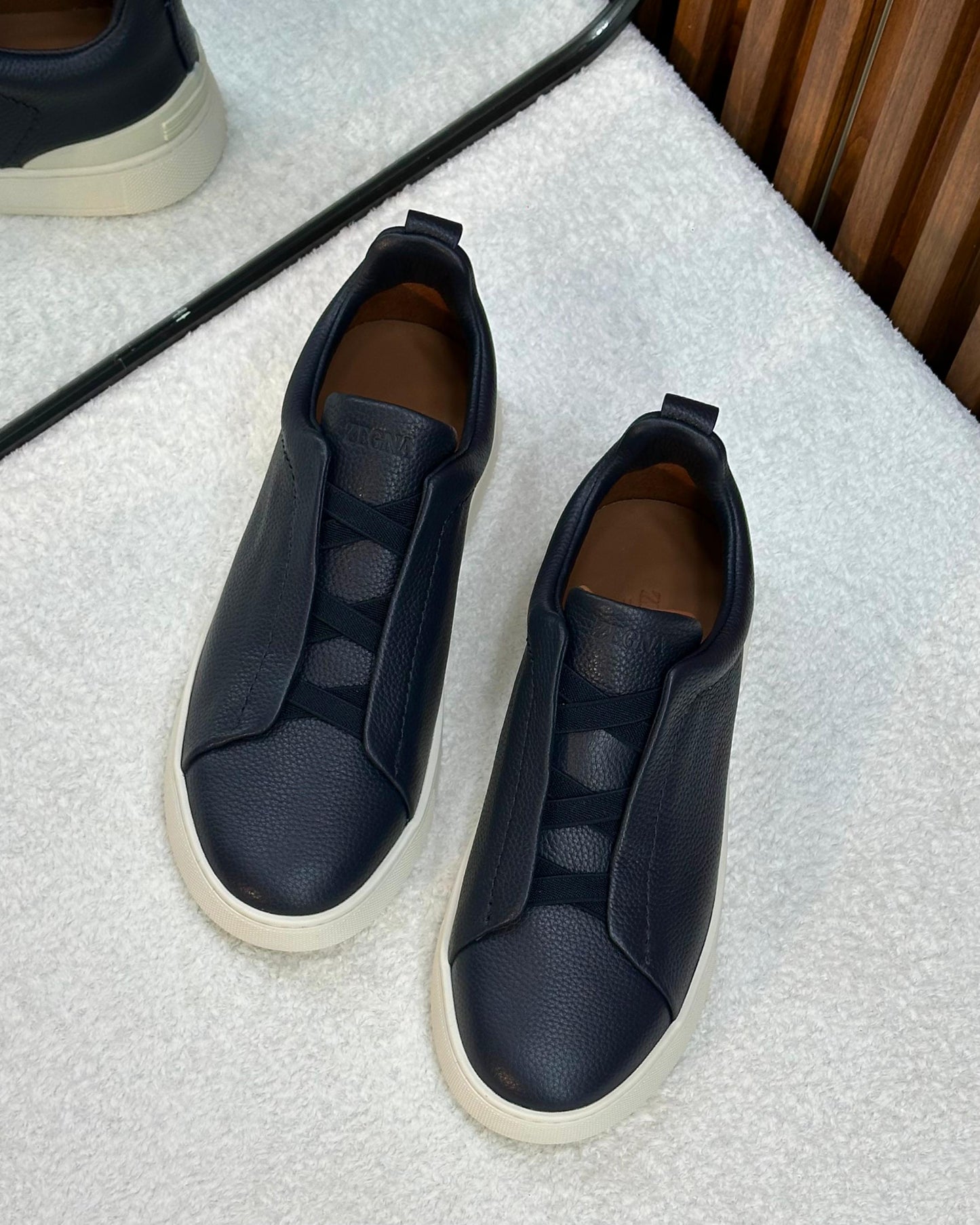 Zegna Triple Stitch Sneakers navy blue soft leather