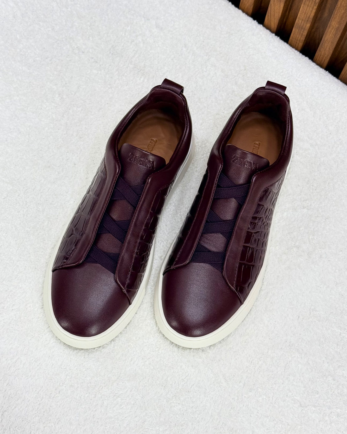Premium luxury Zegna triple stitch White/Brown Crocodile