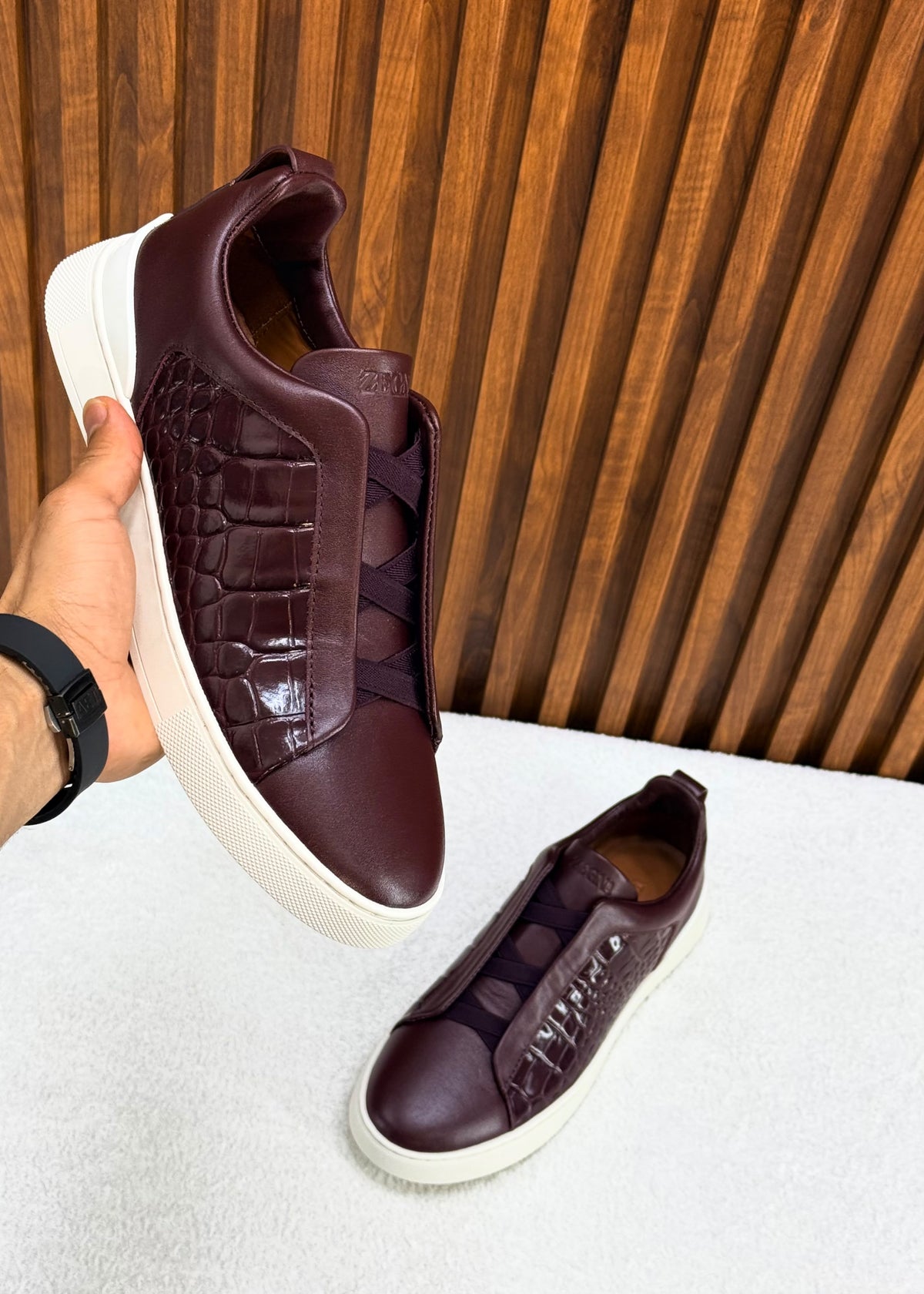 Premium luxury Zegna triple stitch White/Brown Crocodile