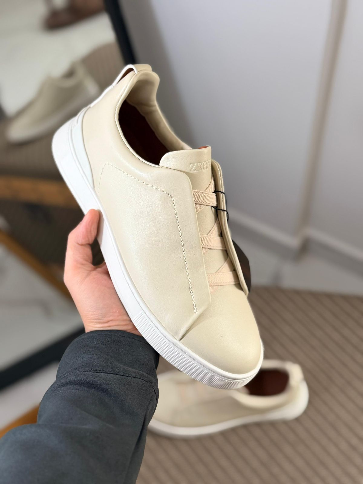 Premium luxury Zegna triple stitch light cream