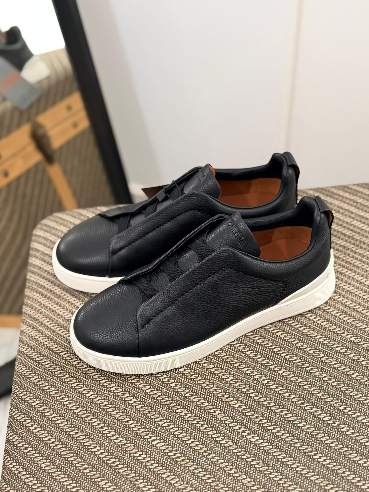 Premium luxury Zegna triple stitch black/white Soft leather
