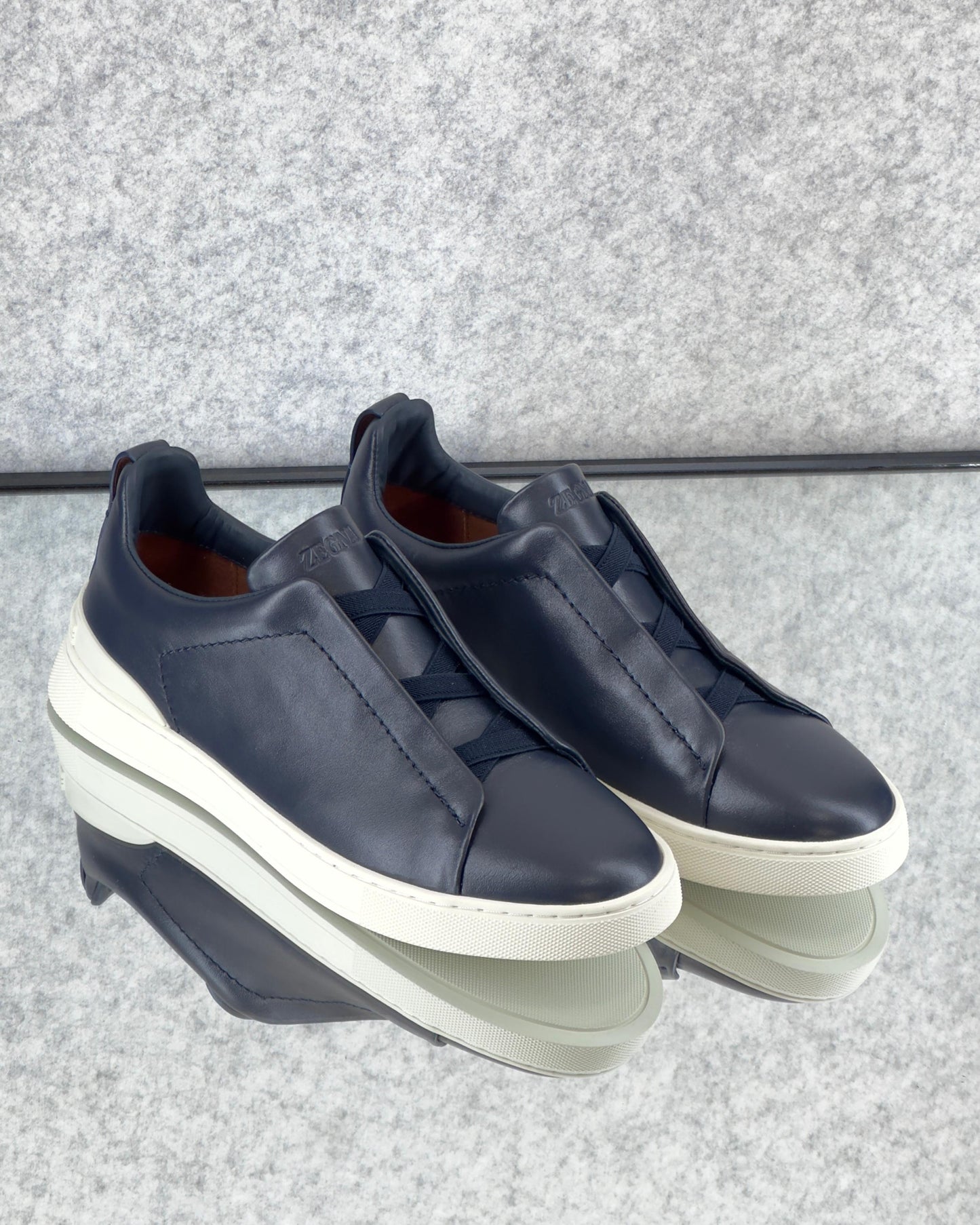 Premium luxury Zegna triple stitch navy blue/white sole