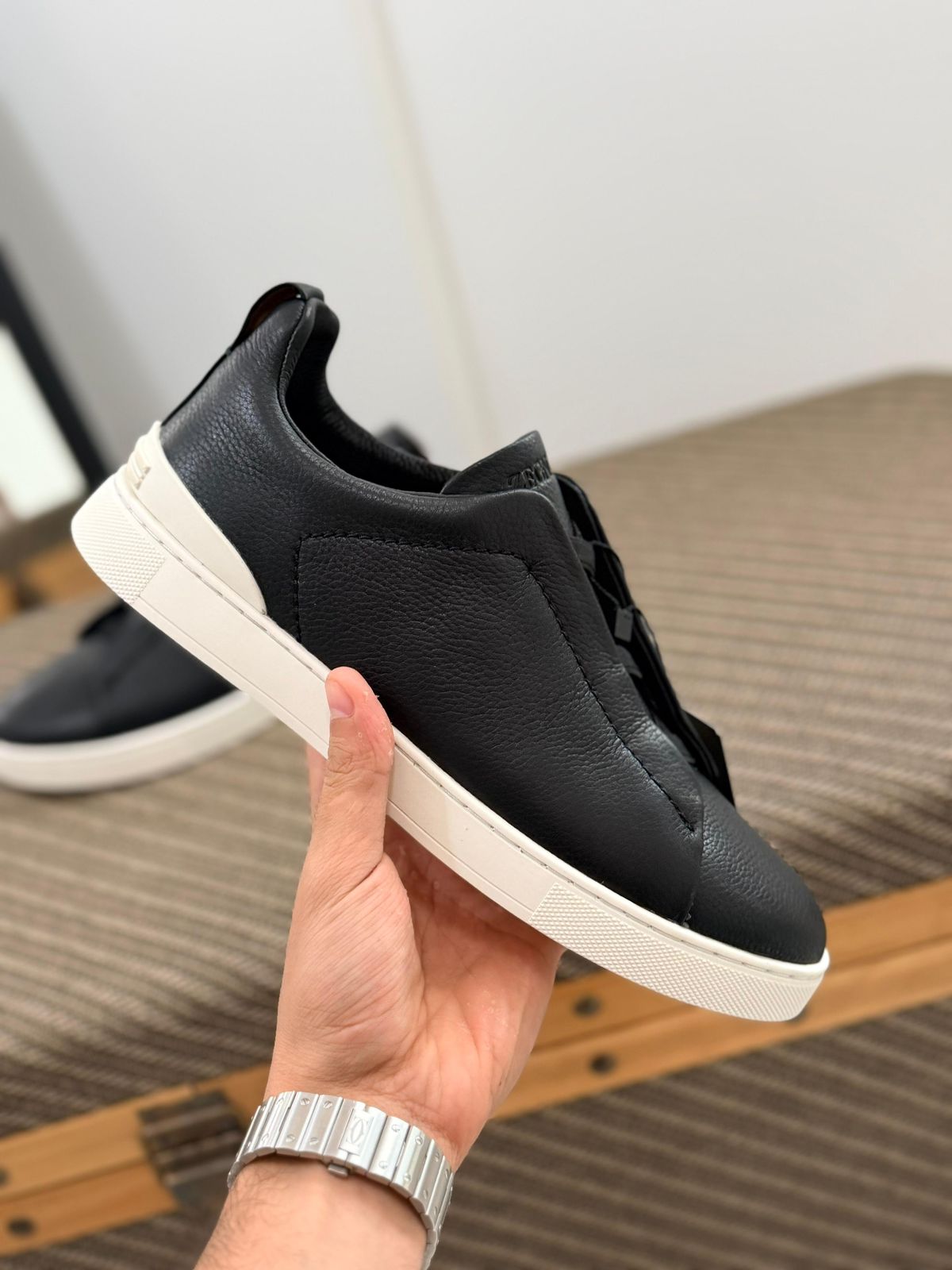 Premium luxury Zegna triple stitch black/white Soft leather
