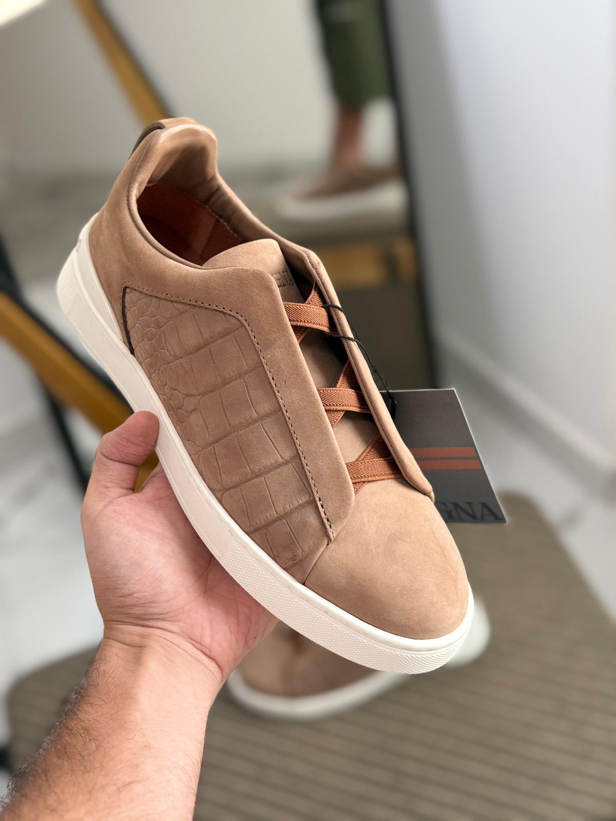 Premium luxury Zegna triple stitch brown crocodile leather and suede