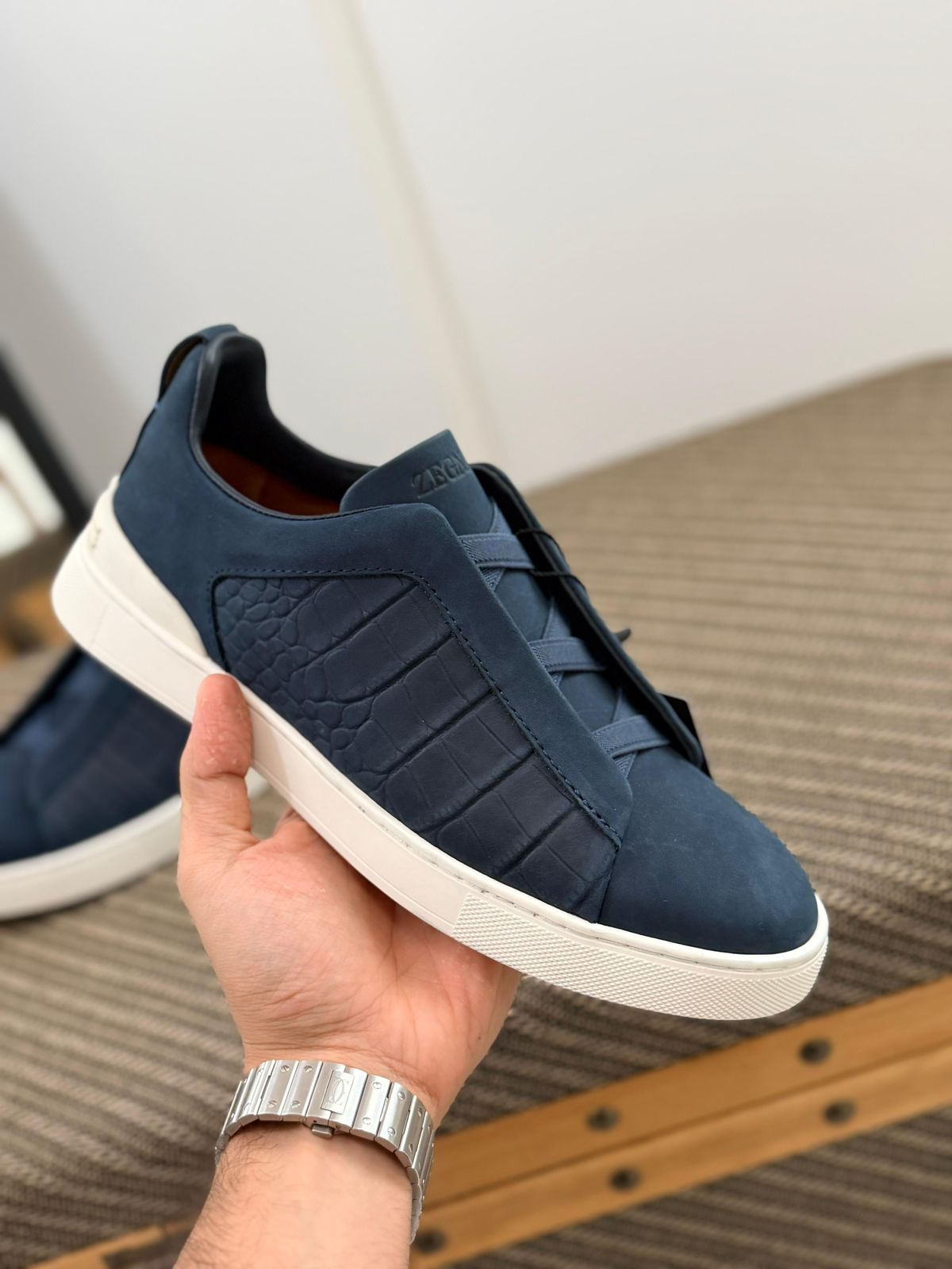 Premium luxury Zegna triple stitch Dark Blue white mat suede