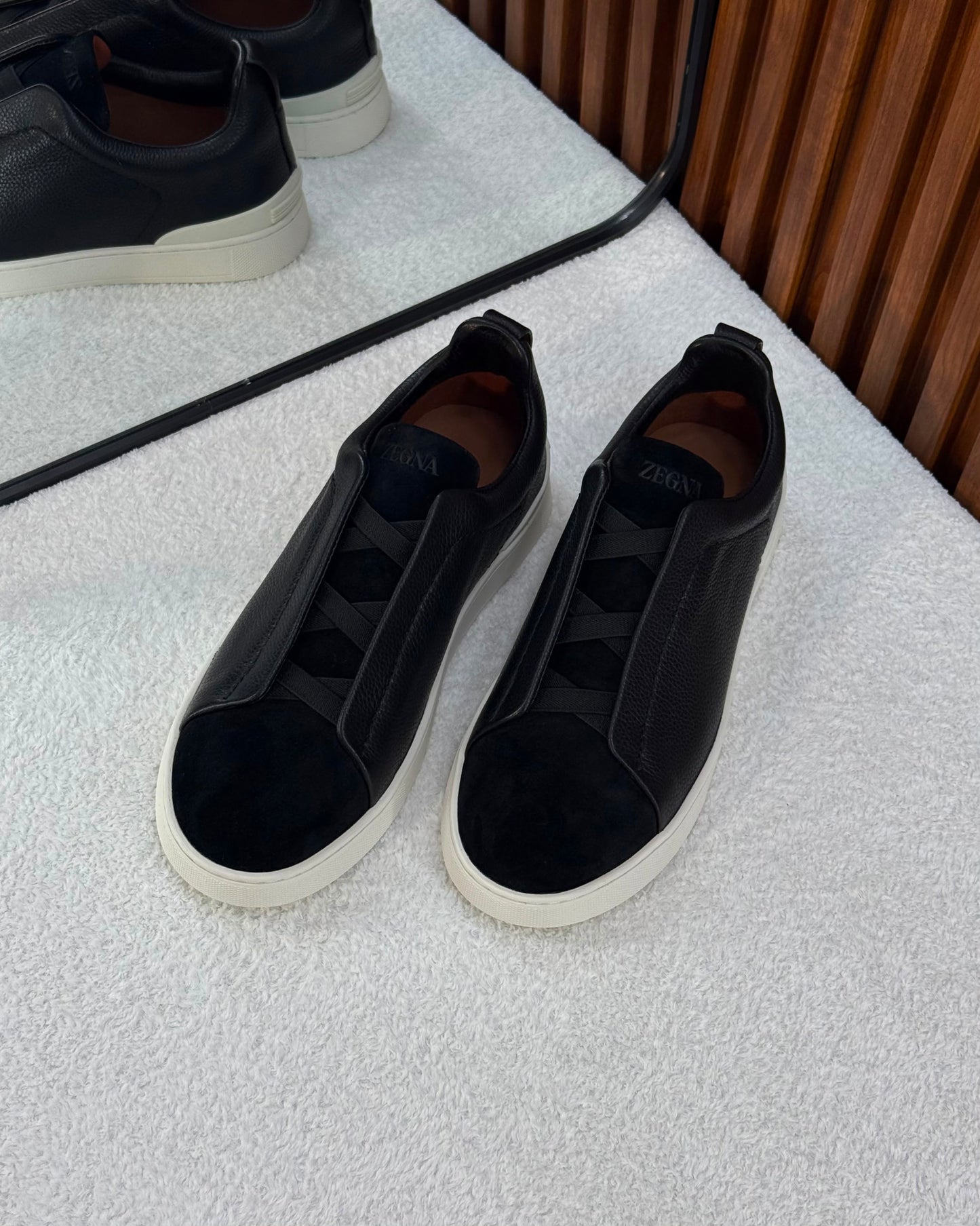 Premium luxury Zegna triple stitch black leather & suede