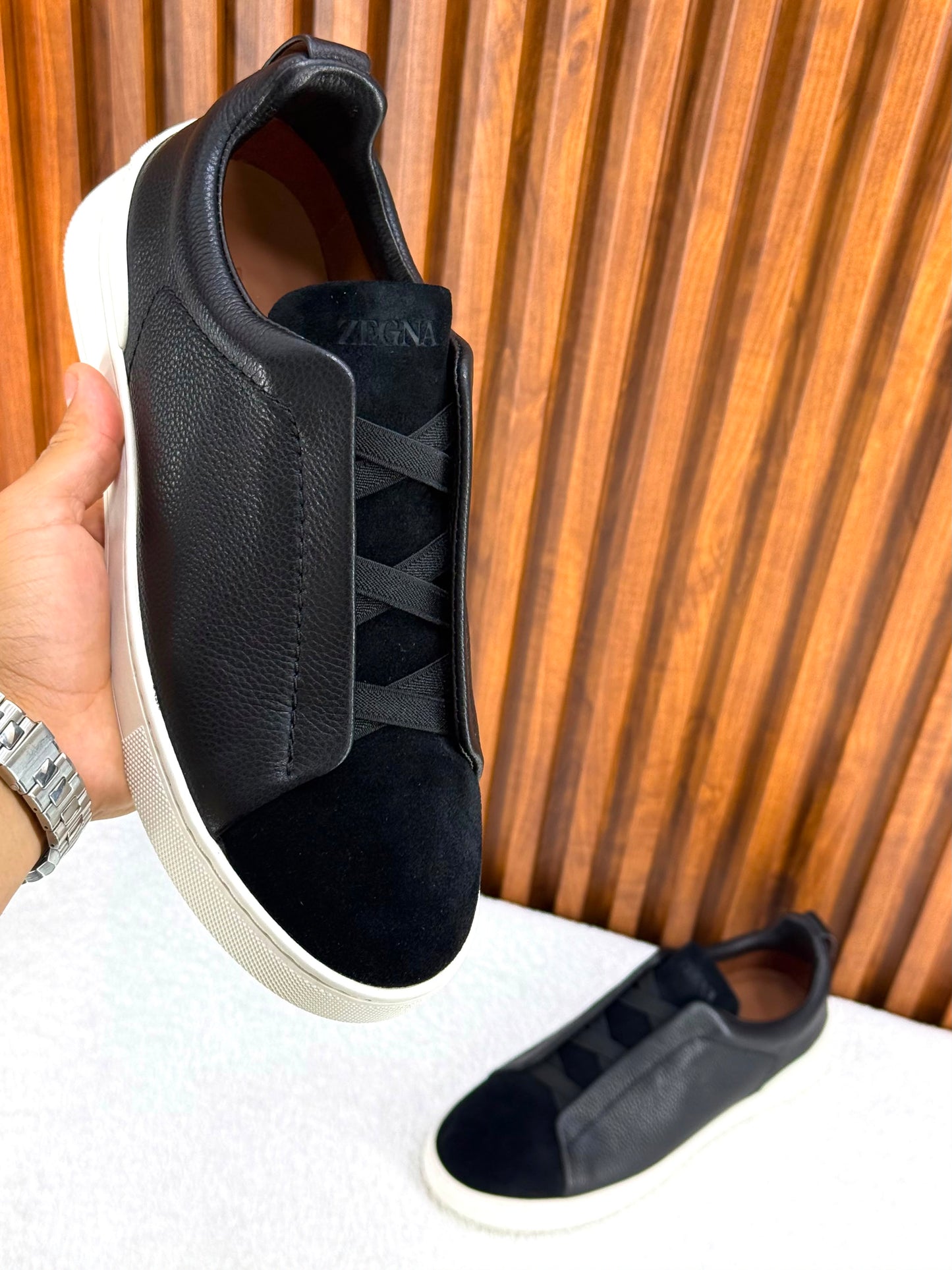 Premium luxury Zegna triple stitch black leather & suede