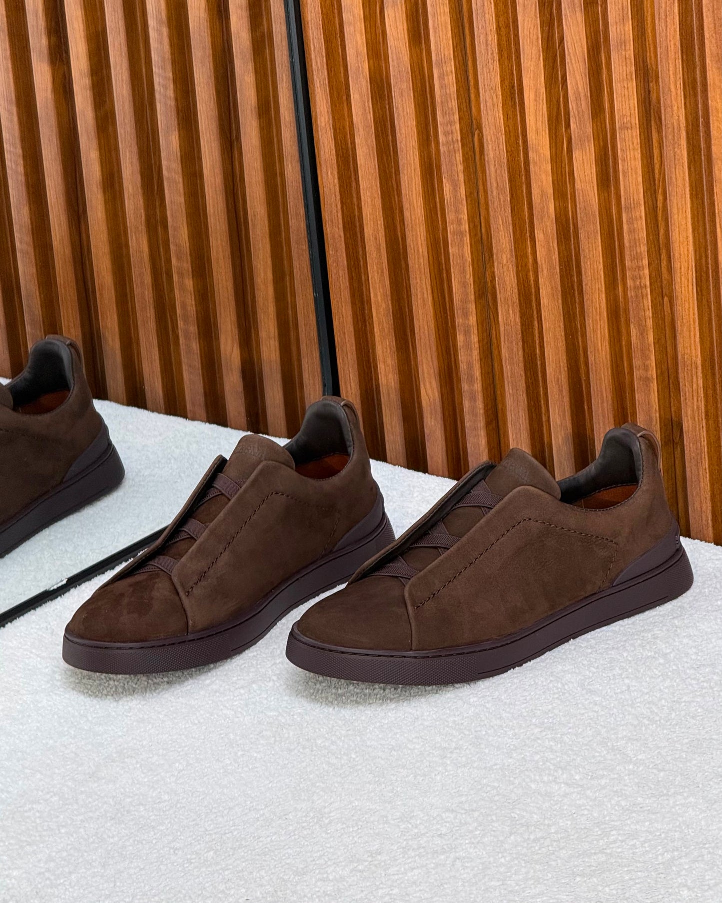 Premium Zegna triple stitch chocolate suede