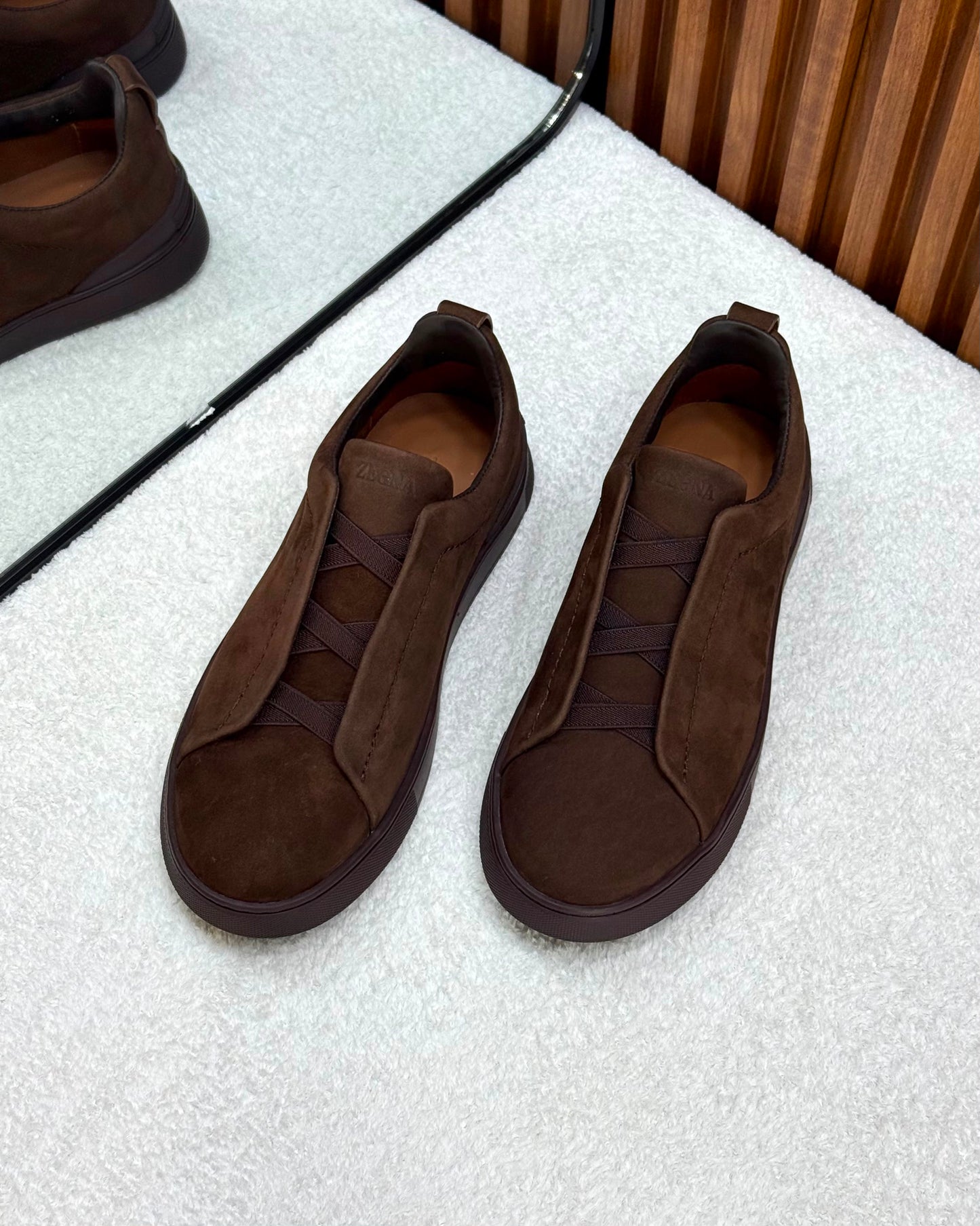 Premium Zegna triple stitch chocolate suede
